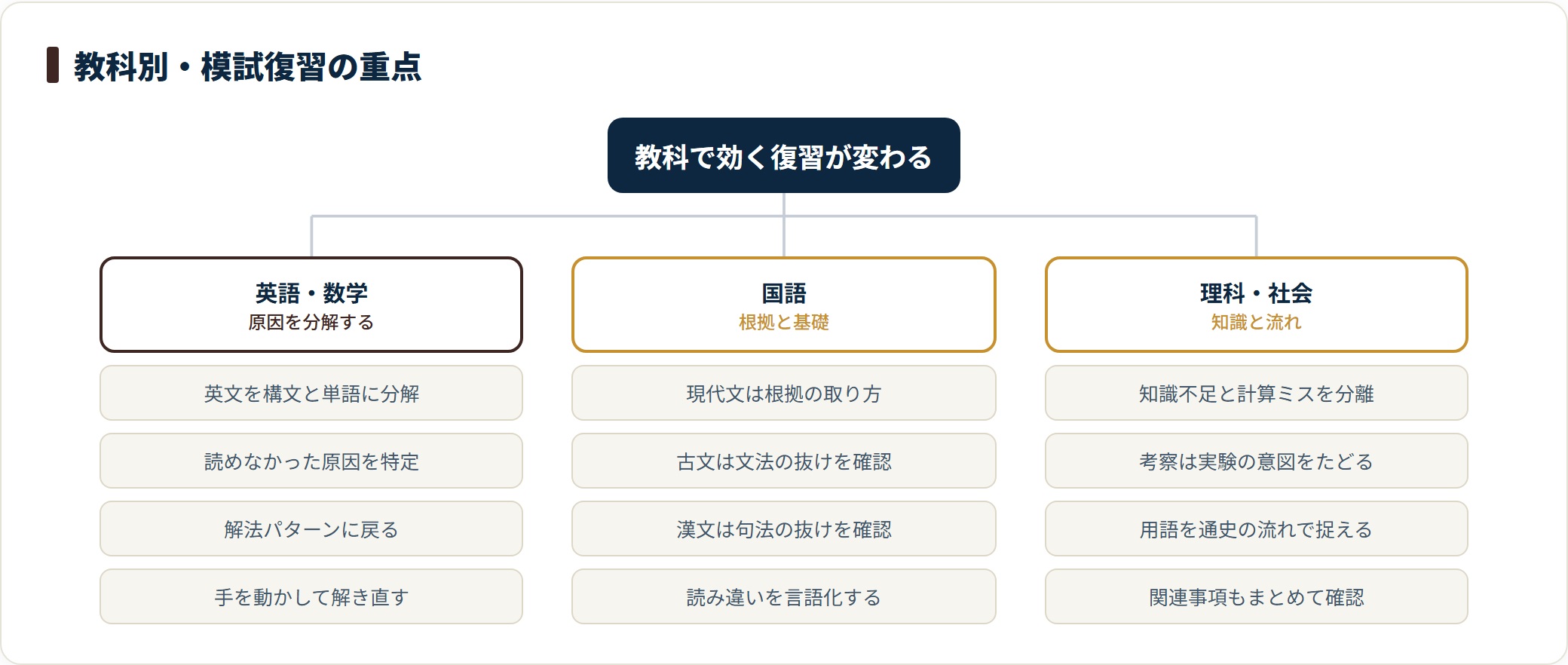 模試の復習の重点を、英語・数学は構文や解法パターンへの分解、国語は根拠と文法・句法の抜け、理科・社会は知識と流れの整理、と教科別に分類したツリー図。